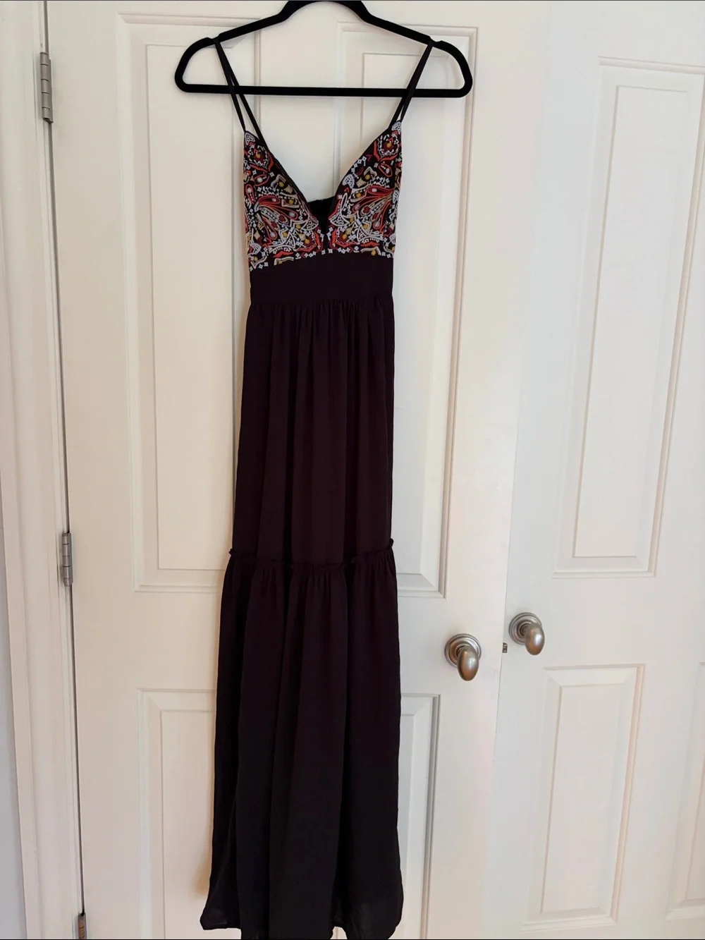 Spaghetti-Strap Maxi Dress with Embroidered V-Neck